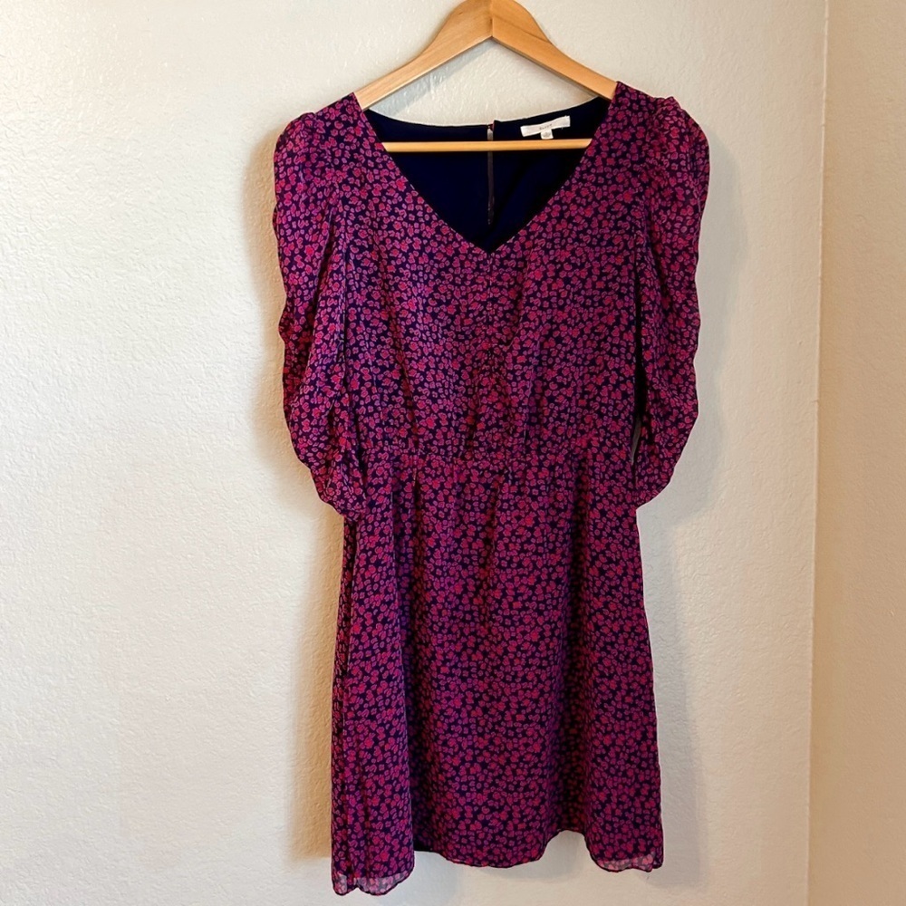 Eliot 100% Silk Floral Shift Mini Dress Ruched Sheer Sleeves Size 2 Feminine